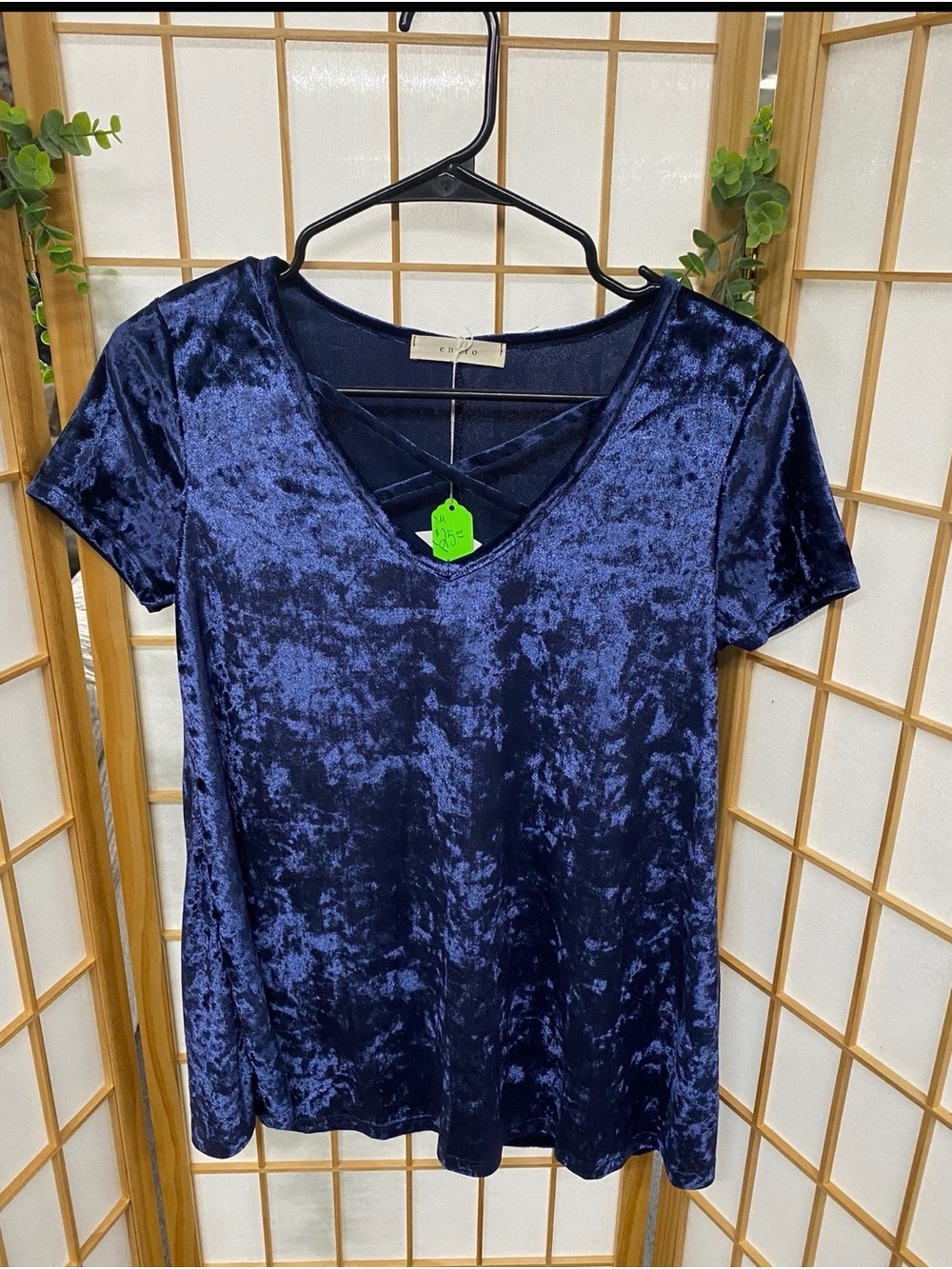 entro Crushed Velvet Navy V-Neck Short Sleeve Top with Strappy Front